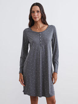 U Yaka Y?ld?z Desenli Kad?n Gecelik