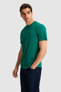 Erkek Regular Fit Bisiklet Yaka Koyu Ye_il Basic Ti__rt