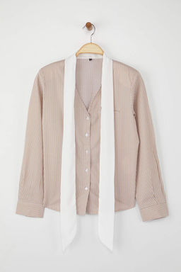 Bej Cizgili Sal Yaka Detayl? Gomlek TWOAW26GO00034 - Trendyolmilla фото 6