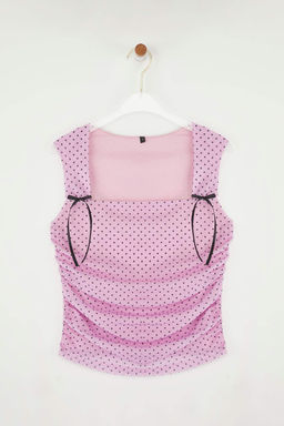 Trendyolmilla Kahverengi Astarl? Leopar Bask?l? Tul Vucuda Oturan Crop Fiyonk Detayl? Orme Bluz TWOSS25BZ00033  фото 5