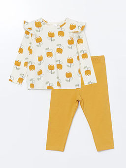 Bisiklet Yaka ?i?ekli K?z Bebek Bluz ve Tayt 2li Tak?m