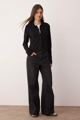 Siyah Dantel Yaka Detayl? Regular/Normal Kal?p Dugmeli Interlok Esnek Orme Bluz TWOAW26BZ00077