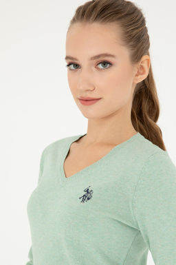Женский зеленый меланжевый базовый свитер с v-образным вырезом Неожиданная скидка в корзине - U.s. polo assn фото 2