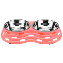 Миска для кормления животных из нержавеющей стали Обед 0,45л, д14см h4см, 2 штуки на пластмассовой подставке 33,5х18х6см, цвета микс (Китай) - Pet toys фото 2