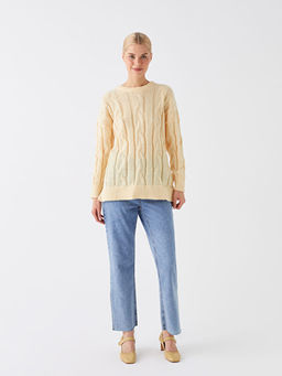 Bisiklet Yaka Kendinden Desenli Uzun Kollu Oversize Kad?n Triko Tunik