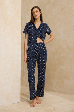Lacivert Pamuklu Likral? Puantiyeli Orme Pijama Tak?m? THMSS26PT00022