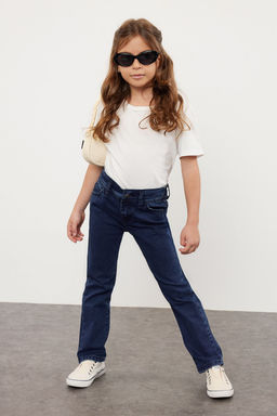 Koyu Mavi K?z Cocuk Esnek Straight Lastikli Denim Pantolon Jean TKDSS24PL00013