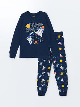 Bisiklet Yaka Bask?l? Uzun Kollu Erkek ?ocuk Pijama Tak?m?