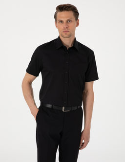 Siyah %100 Pamuk Parlak Saten Regular Fit K_sa Kollu Basic G_mlek