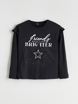 Bisiklet Yaka Bask?l? K?z ?ocuk Ti??rt