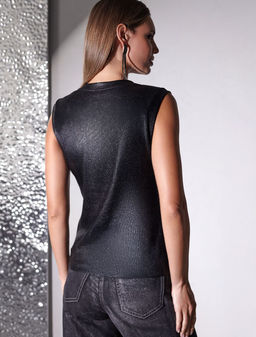 Топ с закрытым декольте из хлопка с эластаном в рубчик с матовым покрытием металлик - Vilatte фото 3