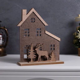 Фигура деревянная «Изба с оленями», 20×6×25 см, 5 LED, батарейки CR2032×1 (в комплекте), свечение теплое белое