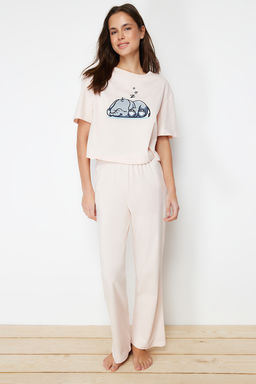 Trendyolmilla Pudra %100 Pamuklu Fil Bask?l? Orme Pijama Tak?m? THMSS24PT00070 фото 3