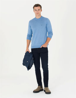 Mavi Melanj Slim Fit Yar_m Bal_k__ Yaka Basic Triko Kazak