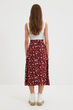 Bordo Y?rtmac Detayl? Cicek Desenli Viskon Kumasl? Midi Dokuma Etek TWOSS20ET0230