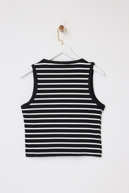 Siyah Cizgili Fitted/Vucuda Oturan V Yaka Dugmeli Kolsuz Interlok Orme Bluz TWOSS26BZ00180