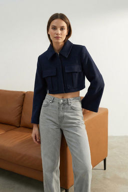 Limited Edition Lacivert Fitted Crop Dokuma Ceket TWOAW24CE00123 - Trendyolmilla фото 9