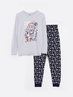 Bisiklet Yaka Bask?l? Uzun Kollu Erkek ?ocuk Pijama Tak?m?