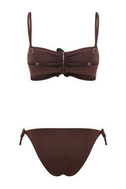 Kahverengi Straplez Kapl? Cicek Aplikeli Normal Bel Regular Bikini Tak?m? TBESS26BT00019