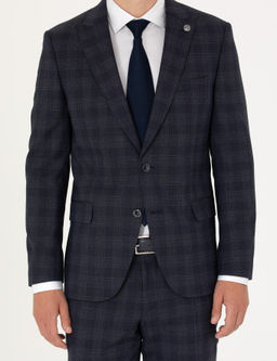Lacivert Ekose Ekstra Slim Fit Y_n Kar___ml_ Tak_m Elbise