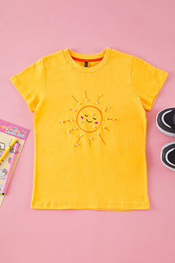 Sar? K?z Cocuk %100 Pamuk Gunes Bask?l? Regular/Normal Kal?p K?sa Kol Orme T-Shirt TKDSS25TS00045