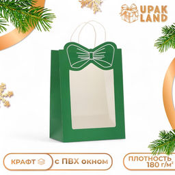Цена за 12 шт. Пакет подарочный новогодний с оком Бант, 30?22?14, зеленый.