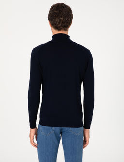Lacivert Slim Fit Y_n Kar___ml_ Bal_k__ Yaka Basic Triko Kazak