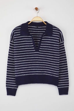 Wardrobe Essentials Lacivert*001 Yumusak Dokulu Cizgili Genis Kal?p Basic Triko Kazak TWOAW26KZ00087 - Trendyolmilla фото 5