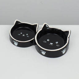Миска керамическая Кошачье семейство 40/60 мл двойная 19 х 10,5 х 3,5 см, чёрно-белая