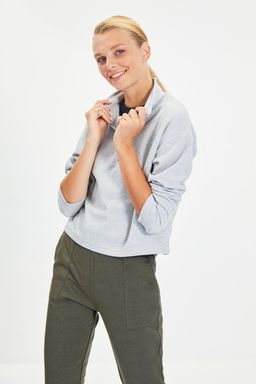 Gri Selanik/Triko Gorunumlu Fermuarl? Yaka Regular/Normal Kal?p Orme Sweatshirt TWOAW22SW0732