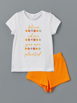 Bisiklet Yaka Bask?l? K?z ?ocuk Ti??rt ve ?ort 2li