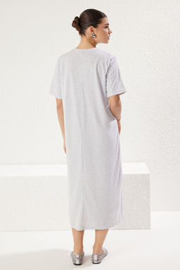 TRENDYOLMILLA Koyu Kahverengi %100 Pamuklu Bisiklet Yaka K?sa Kol Midi Orme T-shirt Elbise TWOSS25EL00465  фото 10