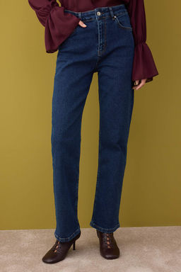 Koyu Mavi Yuksek Bel Comfort/Esnek/Rahat Straight Duz Kesim Boru Paca Jeans TWOAW26JE00062 - Trendyolmilla фото 3