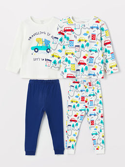 Bisiklet Yaka Uzun Kollu Bask?l? Erkek Bebek Pijama Tak?m? 2li