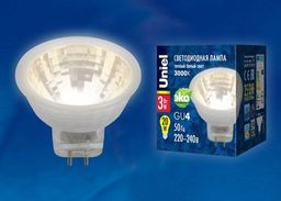 Цена за 2 шт. LED-MR11-3W/WW/GU4/220V GLZ21TR Лампа светодиодная, 220V. Прозрачная. Теплый белый свет (3000K). Картон. ТМ Uniel.