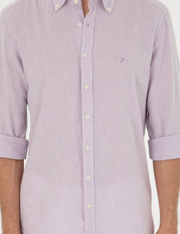 Рубашка приталенного кроя из смесового льна сиреневого цвета с длинным рукавом - Cacharel фото 6