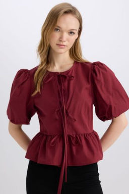 Regular Fit Yuvarlak Yaka Onden Baglamal? Poplin K?sa Kollu Bluz