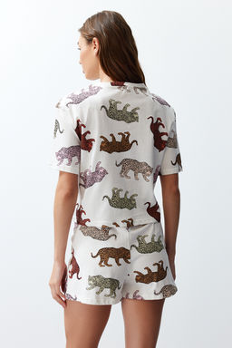 Trendyolmilla Kad?n Couple/Cift Ekru %100 Pamuklu Kaplan Desenli Sortlu Orme Pijama Tak?m? THMSS24PT00078  фото 8