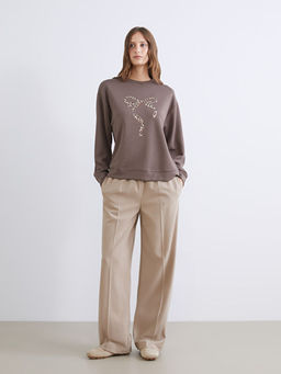 Bisiklet Yaka Bask?l? Oversize Kad?n Sweatshirt