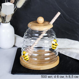 Банка для меда с ложкой на подставке бамбуковая крышка Пчелка / 9664 /уп 100/ - Галеонтрейд фото 2