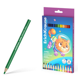 АКЦИЯ Цена за 12 шт. Цветные карандаши деревянные ErichKrause Kids Jumbo Space Animals трехгранные, грифель 5 мм, 12 цветов (в коробке с европодвесом 12 шт)