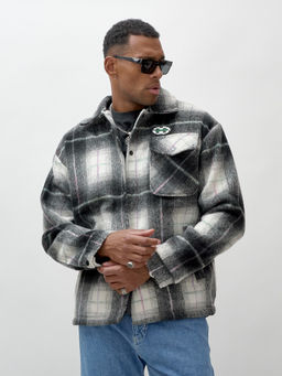 Куртка рубашка шерстяная в клетку мужская демисезонная темно-серого цвета 58592TC