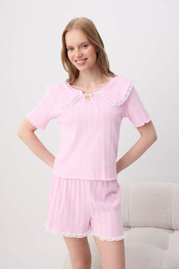 Pembe %100 Pamuklu Yaka Detayl_ Fitilli/Pointel _rme Pijama Tak_m_ THMSS26PT00253 - Trendyolmilla фото 2