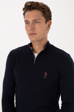 Erkek Slim Fit Yar_m Fermuarl_ Lacivert Kazak