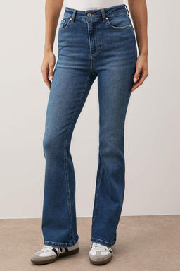 Koyu Mavi Yuksek Bel Flare Jeans TWOAW26JE00248 - Trendyolmilla фото 3