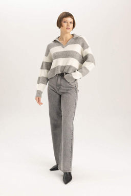 Полосатый свитер из ткани селаник с воротником-поло свободного покроя - Defacto фото 2