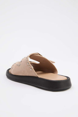 Bej Trok Detayl? Kad?n Cift Bantl? Antik Tokal? Terlik TAKSS26TE00020