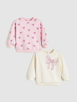 Bisiklet Yaka Fiyonk Bask?l? K?z ?ocuk Sweatshirt 2li