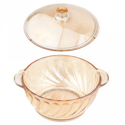 Кастрюля стеклянная "Вираж" 0,9мл, д15,8см, h7,6см, основание д11,2см, общая h12,5см, стеклянная крышка, 2 ручки, янтарный перламутровый, в коробке (Китай)