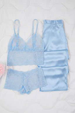 Ac?k Mavi 3lu Ceyiz Set Ust Dantel, Alt Saten Ask?l? Kulotlu Dokuma Pijama Tak?m? THMAW26PT00077